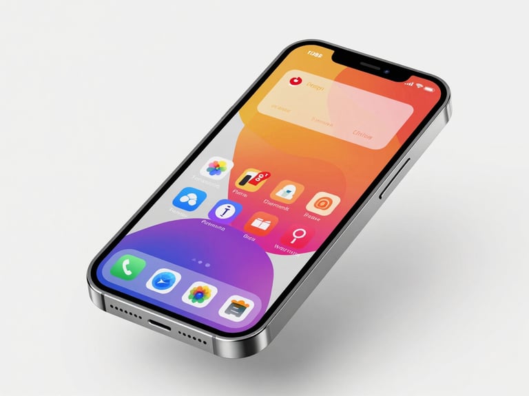 A high-fidelity 3D mockup of a sleek smartphone displaying a vibrant, custom-designed mobile profile page with interactive buttons, set against a clean studio background.