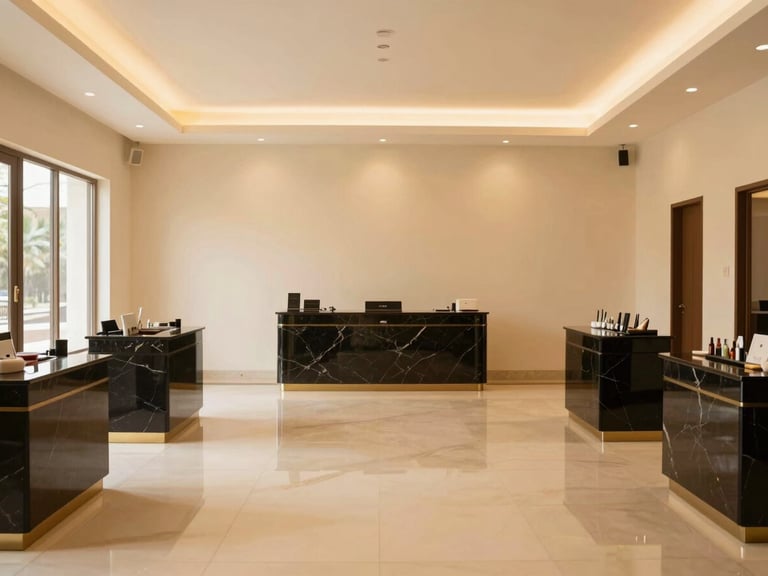 Wide, serene shot of the empty, immaculate salon interior in Rewari, showing warm lighting, marble accents, and premium styling stations, 35mm
