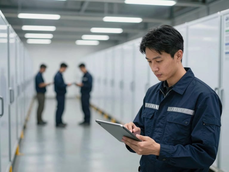 Logistics manager reviewing a delivery schedule on a tablet, with blurred cold storage operations in the background, cool lighting.