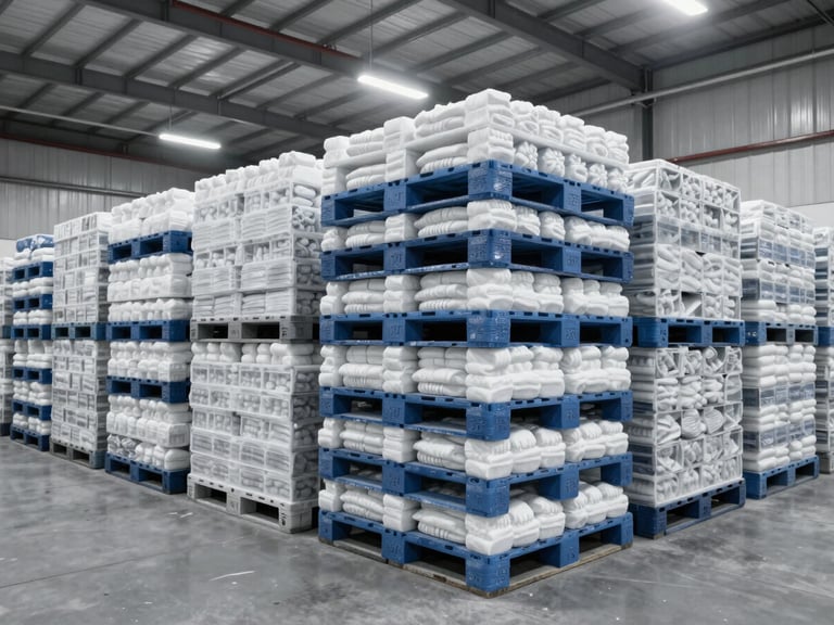 Rows of neatly stacked frozen food pallets in a modern, high-ceiling refrigerated warehouse, industrial perspective.