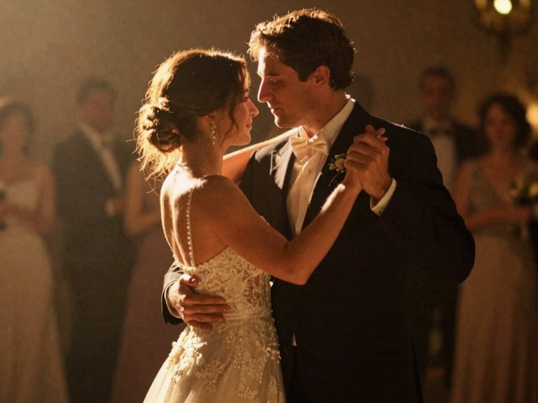 Cinematic motion-blurred still of a couple dancing closely under warm reception lights, high contrast shadows, nostalgic feel