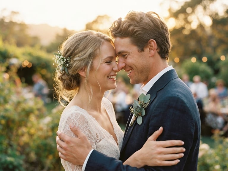 Intimate close-up of a bride and groom whispering during golden hour, warm cinematic wedding photography, rich organic tones, shallow depth of field, 35mm film grain