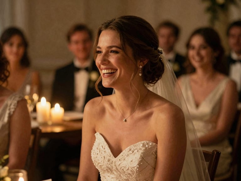 Cinematic 16:9 still of a bride laughing during speeches, warm candle glow, soft focus background, rich contrast, film look