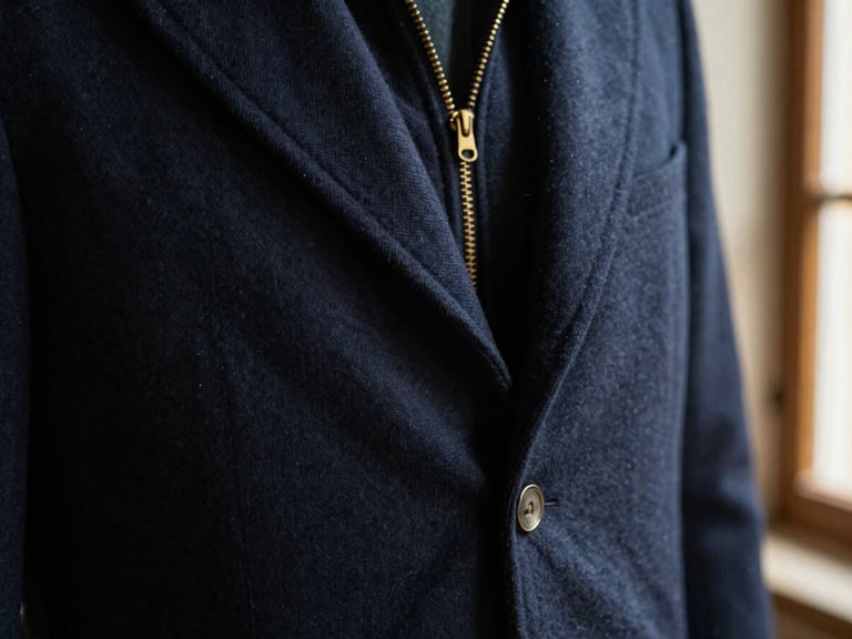Tight tactile close-up of premium navy blue heritage-grade cotton coat fabric and gold zipper details, warm natural window light, rich cinematic tones.