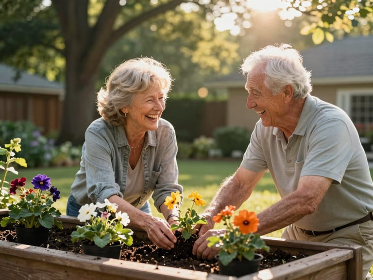 Warm afternoon sunlight filtering through trees as an active senior couple in their late 60s laughs while planting flowers in a raised garden bed in a Naperville backyard.