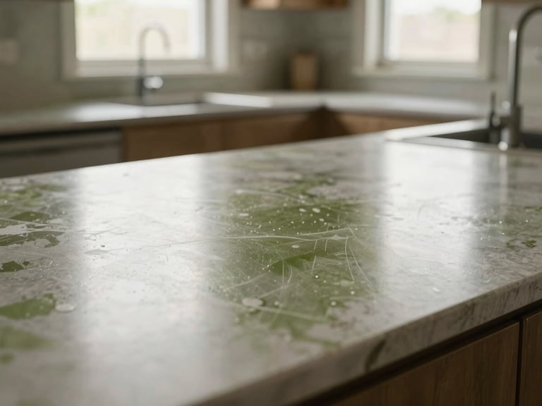 Close-up of a sparkling clean, newly installed kitchen countertop reflecting natural light, with a subtle hint of a modern faucet in the background, post-construction cleanliness.