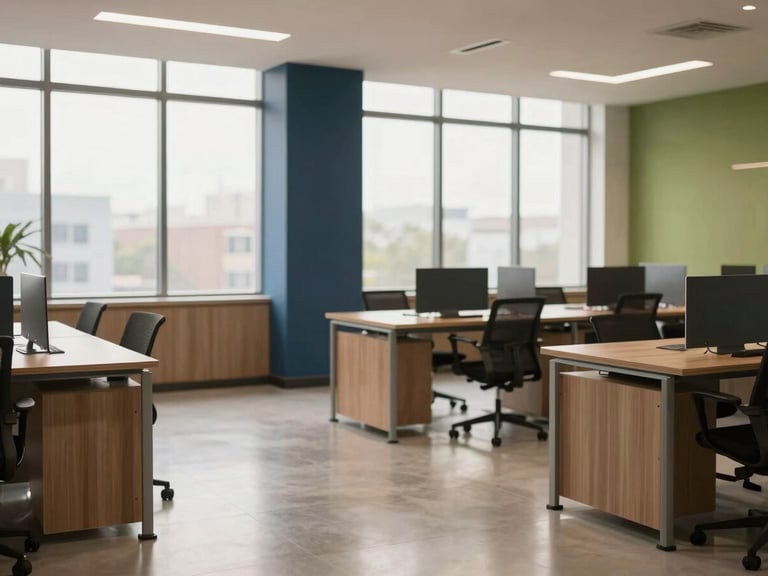 Clean, modern commercial office space with polished floors and desks, empty and ready for the workday, soft natural light from large windows.