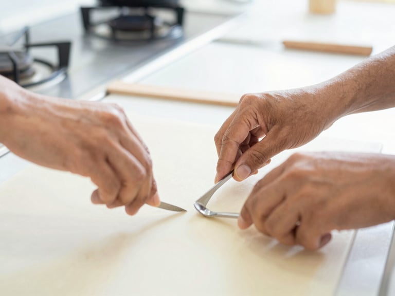 A close-up of adult hands practicing culinary techniques in a bright, modern kitchen classroom in Thailand.