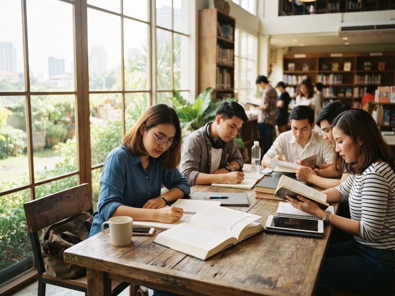 A medium shot of adult students sitting at wooden tables in a bright, sunlit community library in Bangkok, reading books and writing in notebooks.