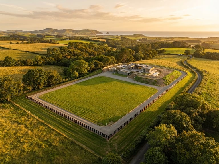 Wide panoramic drone shot of a perfectly rectangular, sunlit plot of land with clear boundary markers, warm golden-hour light, crisp details, editorial style