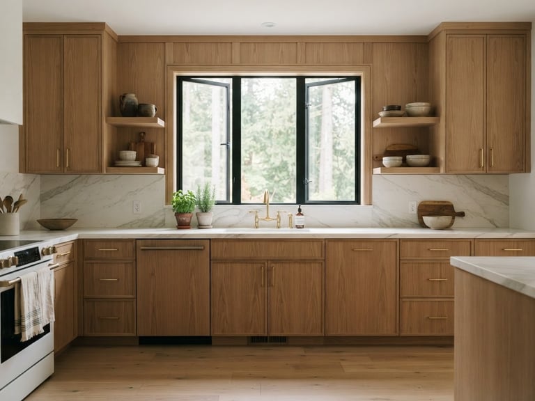 Straight-on architectural elevation of a luxury renovated kitchen in North Vancouver, soft natural daylight streaming through a large window, mitered marble countertops, warm oak cabinetry, brass hardware details, 35mm lens.