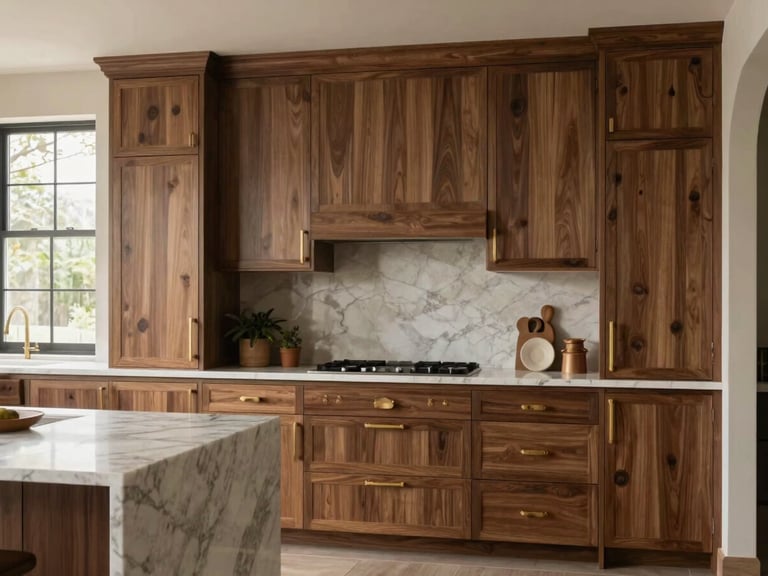 High-end contemporary kitchen with hand-matched walnut cabinets, brass hardware accents, marble island, soft natural window light, straight-on architectural elevation, 35mm lens