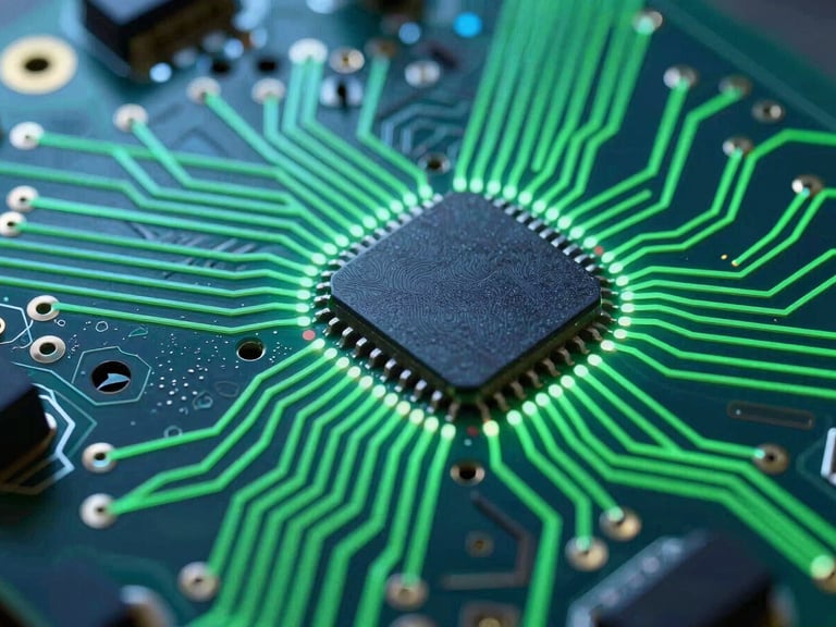 Overhead schematic view of a complex circuit board with glowing neon green traces, clean studio lighting, sharp details.
