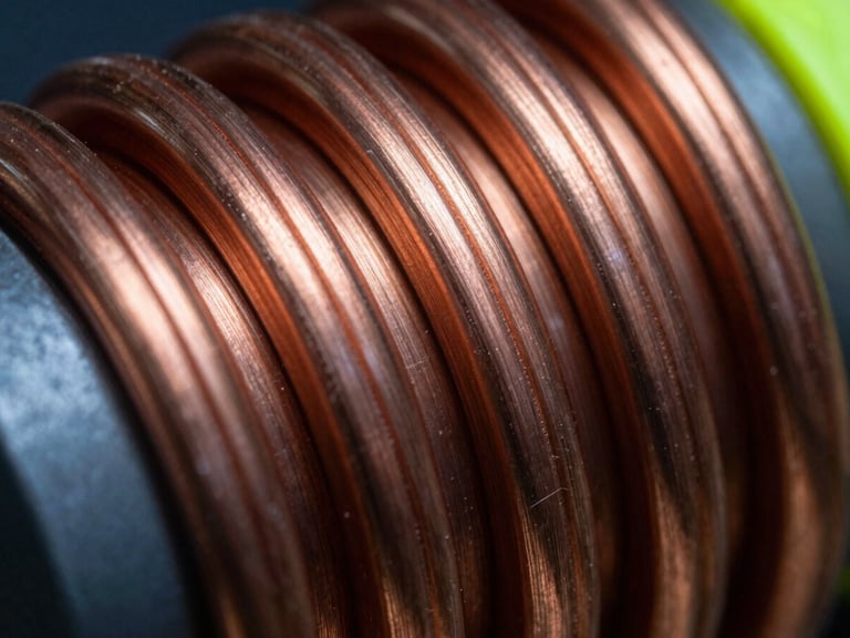 Extreme close-up of tightly wound copper coils, metallic texture, cool high-contrast industrial lighting, sharp shadows.