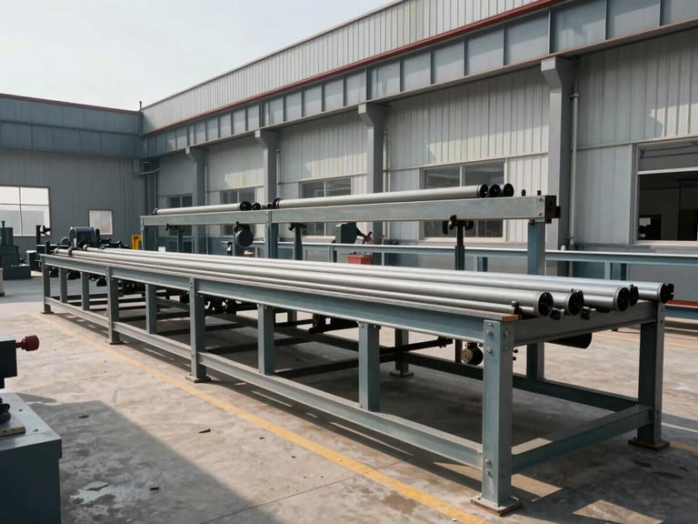 Bright natural daylight shot of a modern steel fabrication factory floor in Ghaziabad, clean industrial environment.