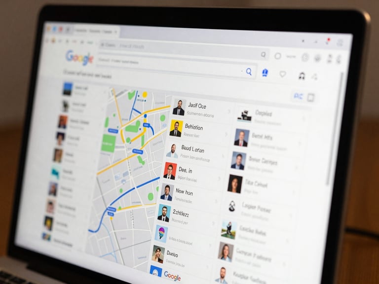 Tight crisp macro shot of a computer monitor showing a Google Search Results Map Pack with local business listings highlighted.