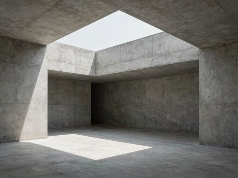 Wide panoramic view of a minimalist concrete residence interior, raw materials, sharp shadows from overhead skylight, clean architectural lines.