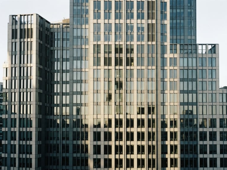 Wide architectural shot of a modern financial district building facade, sharp directional window light, desaturated slate and cream tones, high contrast, 35mm lens
