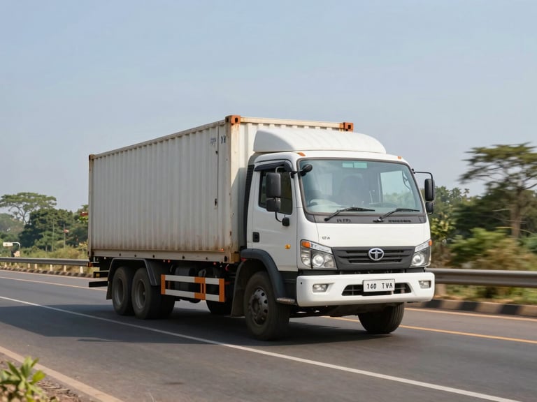 Wide-angle environmental shot of a real Tata Signa container truck driving on a bright, clear Indian highway in Maharashtra during daylight.