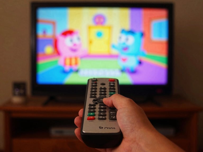 A child's hand reaching for a remote control, with a colorful, classic cartoon playing on a TV screen in the background, warm ambient light, cinematic dark-mode photography, rich saturated colors, high contrast, 35mm.