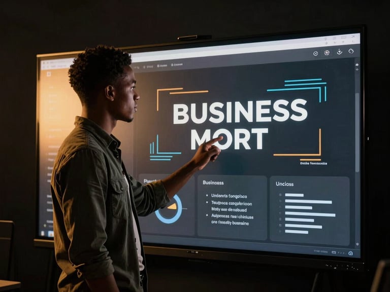 Cinematic editorial photography of a young Equatoguinean man presenting a digital business model on a screen, dramatic golden hour highlights, medium format.