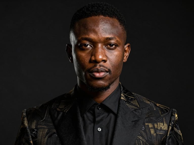 Cinematic editorial photography, close-up portrait of a young African leader in a tailored black suit with subtle gold patterns, high-contrast studio lighting, dark background.