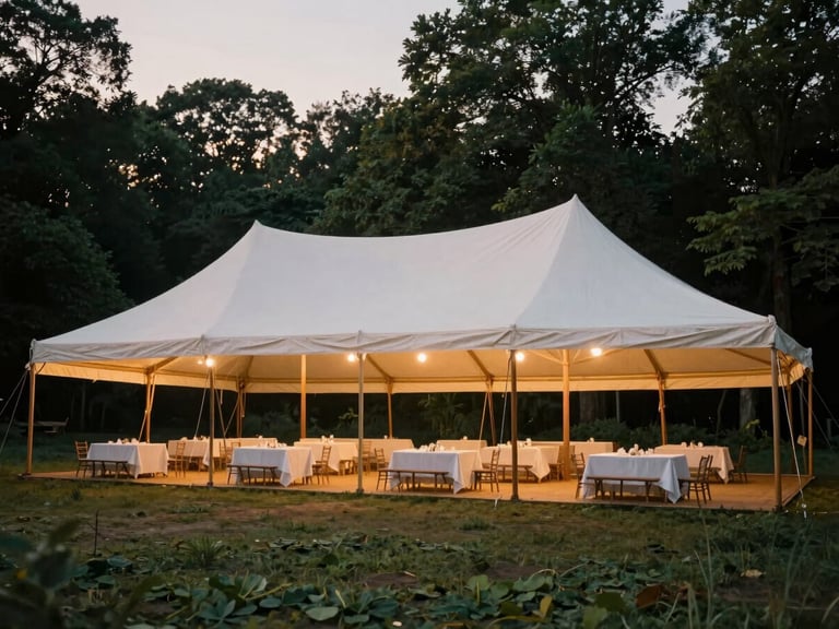Wide-angle shot of a grand white sailcloth tent interior at twilight, intricate structural beams, warm downlighting, empty elegant tables, deep forest green tones outside.