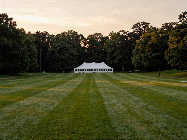 Wide panoramic view of Meadowview at Rosengard Haven at golden hour, large white tent in the distance, manicured lawns, low horizon, warm ambient lighting.