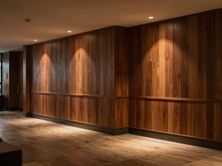 Wide environmental shot of an empty, inviting boutique hotel lobby corner, warm low-key evening ambient light, rich walnut wood paneling, minimalist architectural lines, 35mm photography.