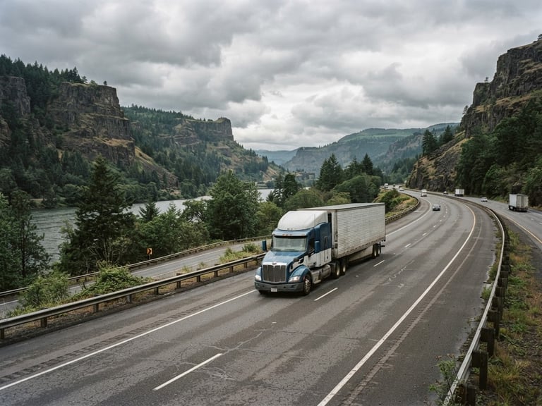 Wide-angle shot of a commercial semi-truck driving on Interstate 84 through the Columbia River Gorge under overcast Pacific Northwest skies, 35mm