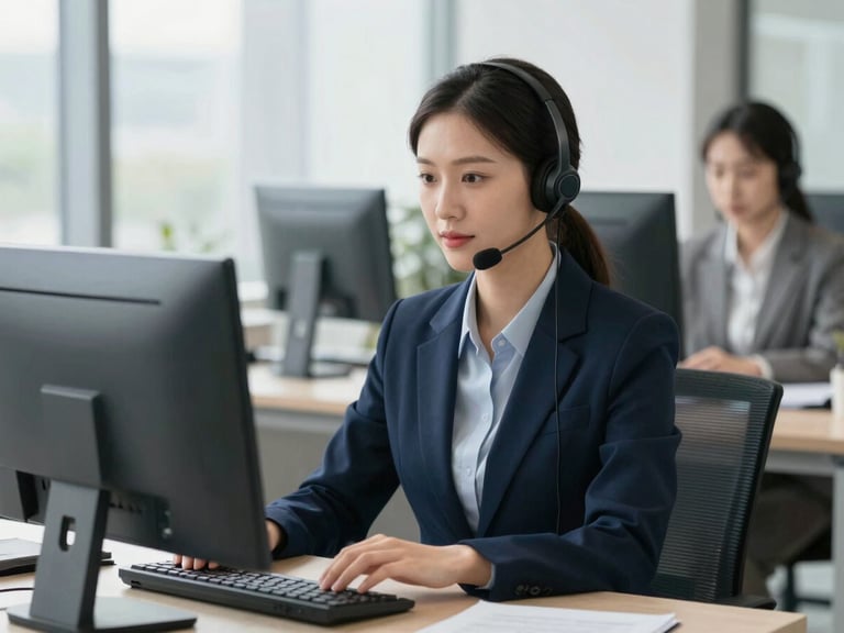 Professional customer service representative assisting a client, modern office background, bright natural light, professional navy and grey tones, sharp focus, 35mm lens