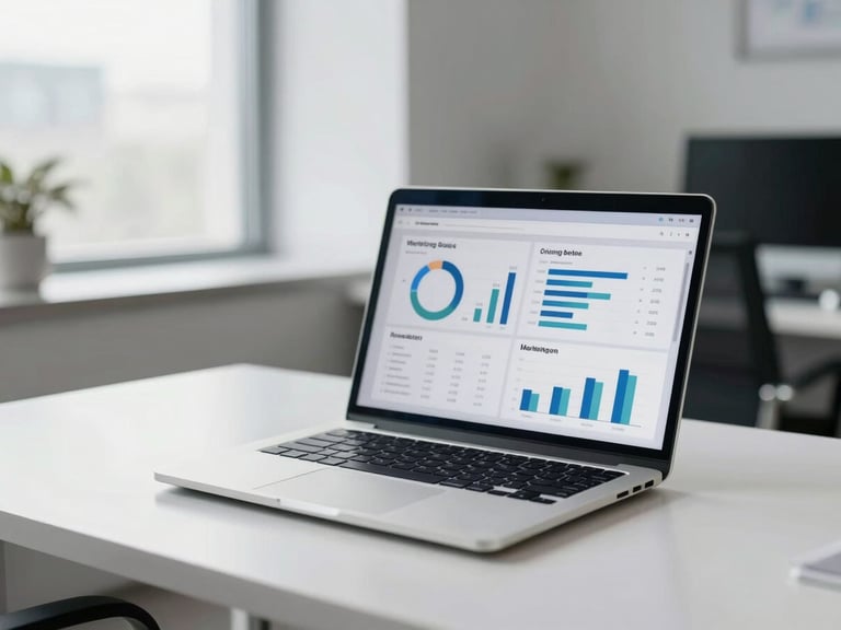 Clean office desk with a laptop displaying marketing analytics charts, professional and bright.
