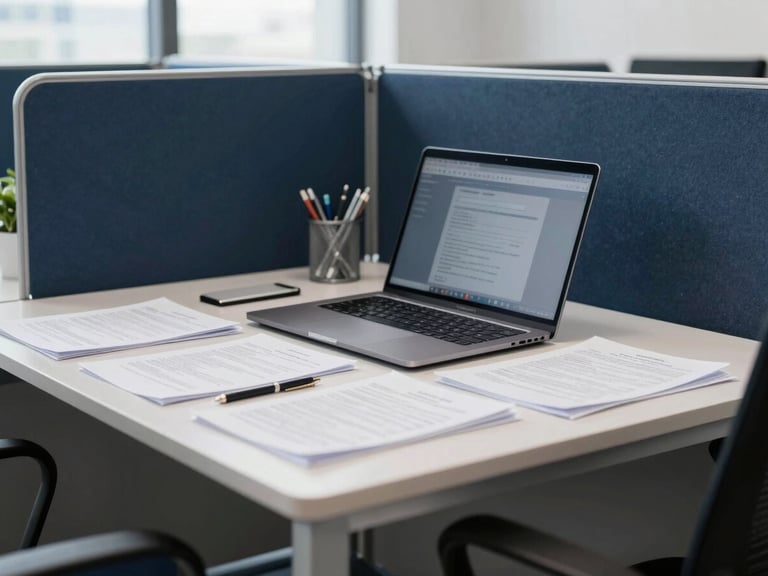 Organized office desk with laptop, documents, and stationery, professional administrative workspace, bright natural light, professional navy and grey tones, sharp focus, 35mm lens