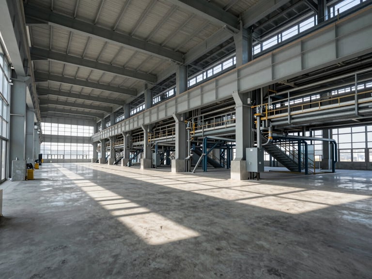 Wide architectural perspective of a modern industrial plant interior, clean concrete floors, high ceilings, structured metallic beams, cool daylight casting sharp geometric shadows