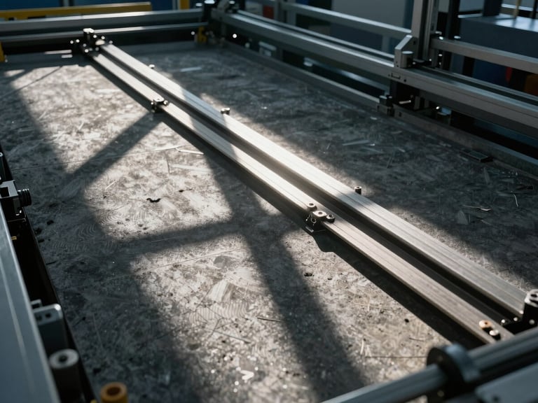 Vista cenital de líneas geométricas en una planta de ensamblaje automatizada, iluminación fría de día, alto contraste con sombras marcadas