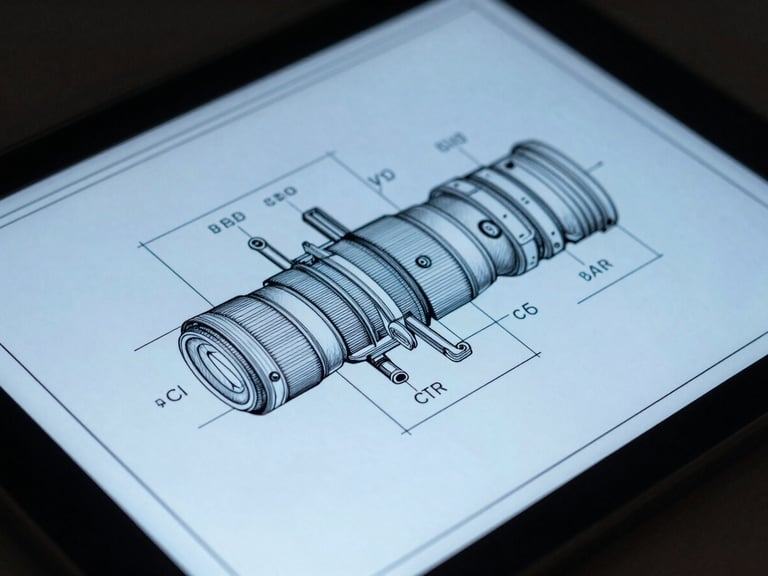 Close-up of a high-precision technical schematic blueprint on a digital tablet screen, cool blue lighting, sharp contrast