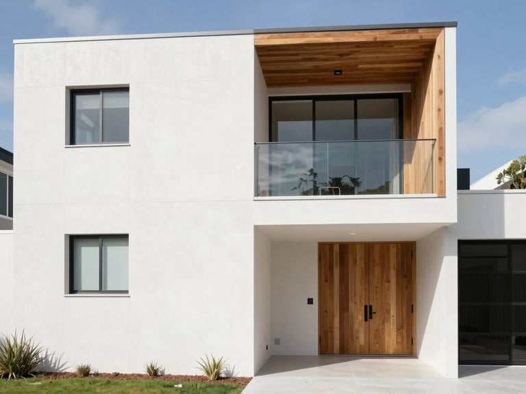 Bright architectural photography of a modern Adelaide home exterior, crisp natural daylight, clean white minimalist concrete walls, warm timber accents, sharp focus, 35mm