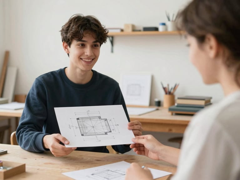 Adult student proudly presenting a finished technical drawing or crafted item to a potential employer, both smiling, clean workshop background, natural daylight, warm organic tones, documentary film photography.