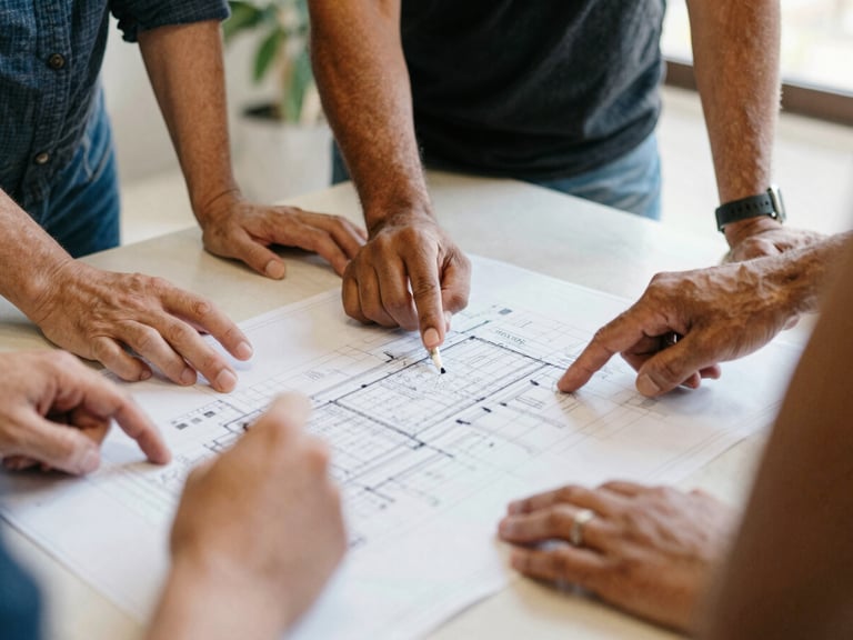 Close-up of diverse hands collaborating around a blueprint or document on a table, community leaders discussing plans, natural daylight, warm organic tones, documentary film photography.