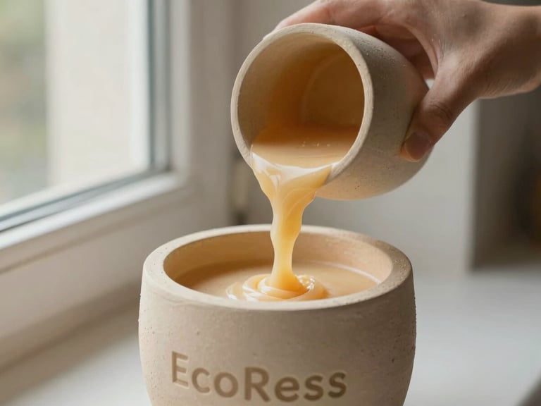 Close-up of hands pouring warm soy wax into a textured beige EcoResin vessel, soft morning window light, shallow depth of field, warm editorial photography, 35mm