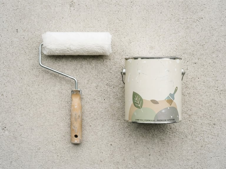 Flat-lay of a clean paint roller and a sealed low-VOC paint can on a light concrete surface, bright overcast natural daylight, technical editorial photography, high detail, 35mm lens