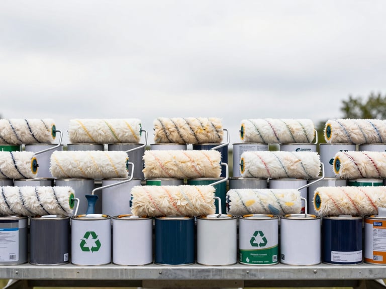 Structured flat-lay of clean paint rollers and sealed paint cans organized neat on a recycling platform, bright overcast daylight, 35mm lens