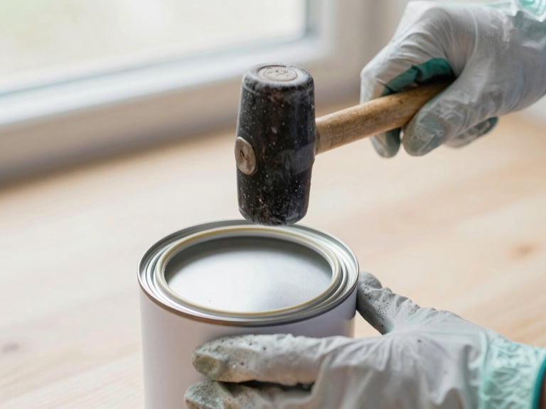 Close-up of a hand wearing protective glove sealing a metal paint can lid with a rubber mallet, clean workspace, natural light, 35mm lens