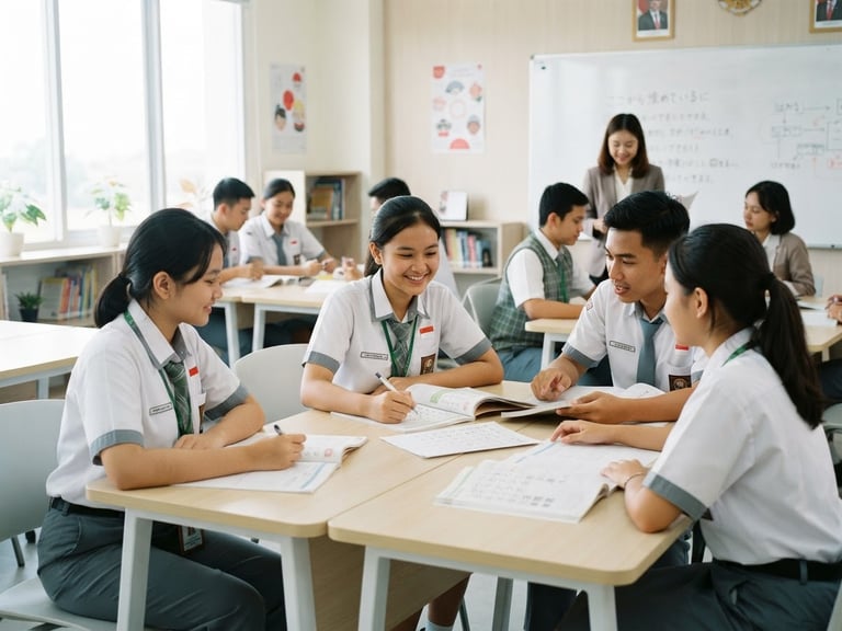Indonesian vocational students in clean uniforms practicing Japanese language in a modern classroom, bright natural light, optimistic atmosphere, 35mm lens