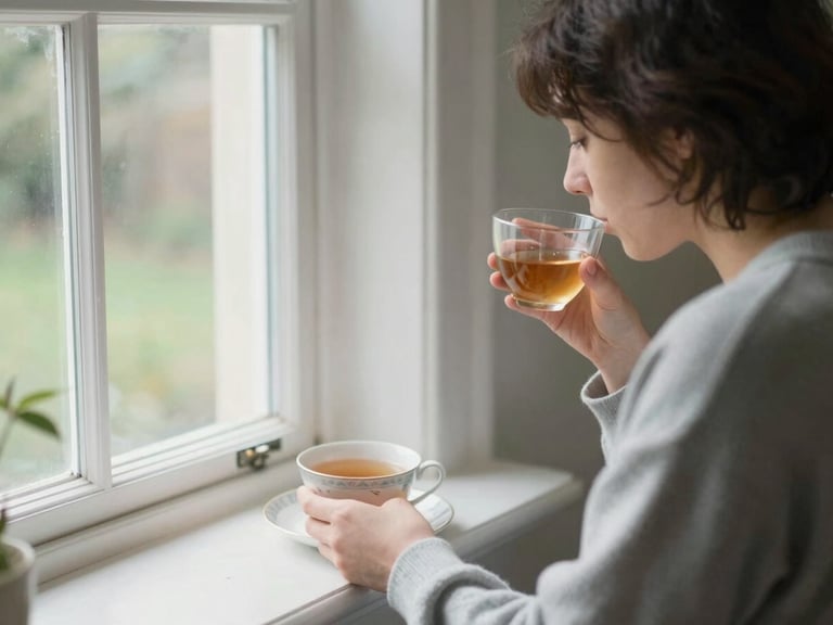 Authentic editorial photography of a calm UK household, soft natural daylight, a person sitting by a window drinking tea, 35mm