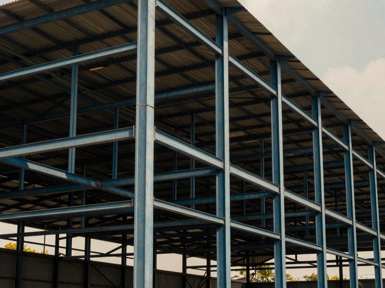 Massive structural steel warehouse frame completed in Whitefield Bangalore, architectural photography, dramatic daylight, sharp details, 35mm