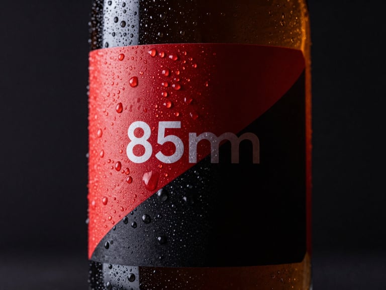 Macro close-up of a premium glass bottle with custom label, sharp condensation droplets, dramatic low-key studio lighting on a dark background, 85mm.