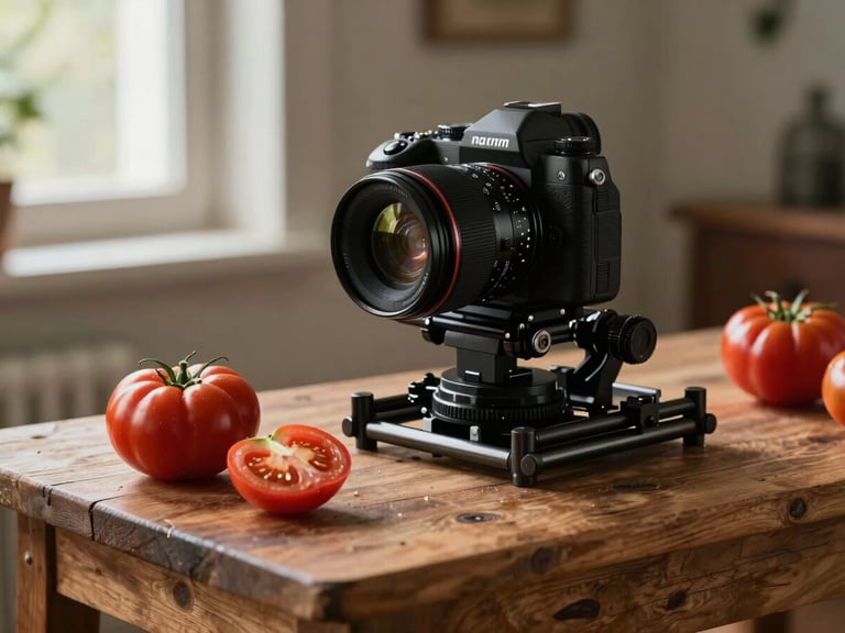 A camera rig set up on a rustic wooden prep table, focusing on fresh heirloom tomatoes with soft window light from the side.