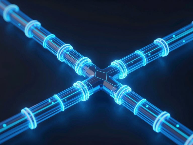 Abstract 3D render of glowing data pipelines and network nodes, electric blue and neon cyan luminescence, deep shadows
