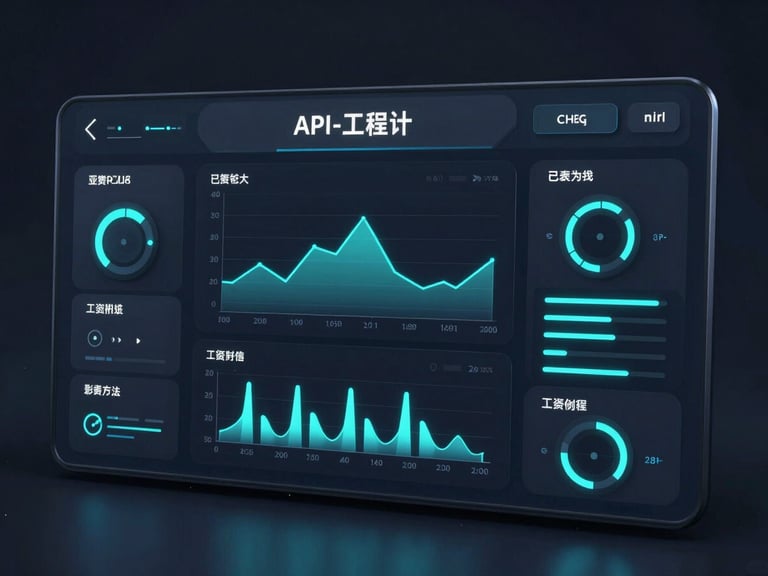 Sleek dark-mode dashboard interface displaying system metrics and API latency, glowing cyan lines, futuristic 3d render